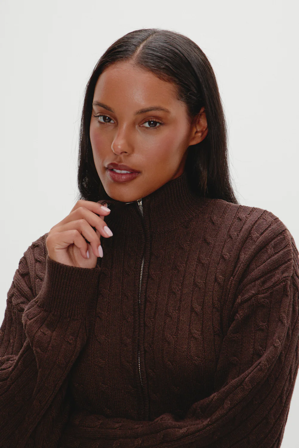 Bea Cable Knit Zip Up Sweater - Chocolate Brown - Image 2