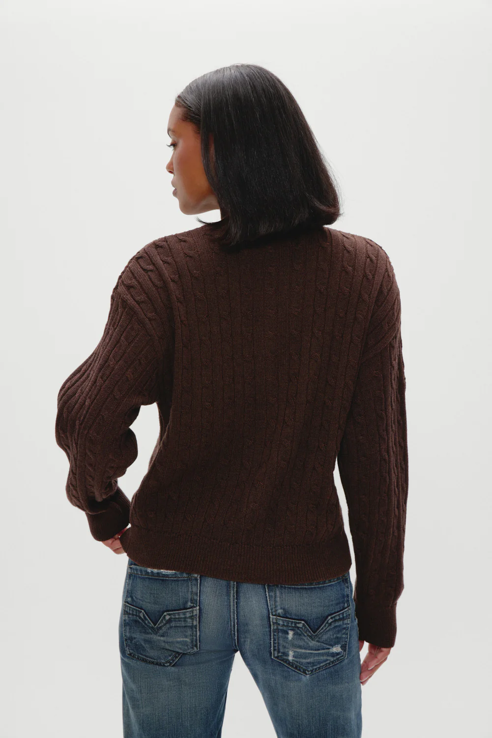 Bea Cable Knit Zip Up Sweater - Chocolate Brown - Image 4