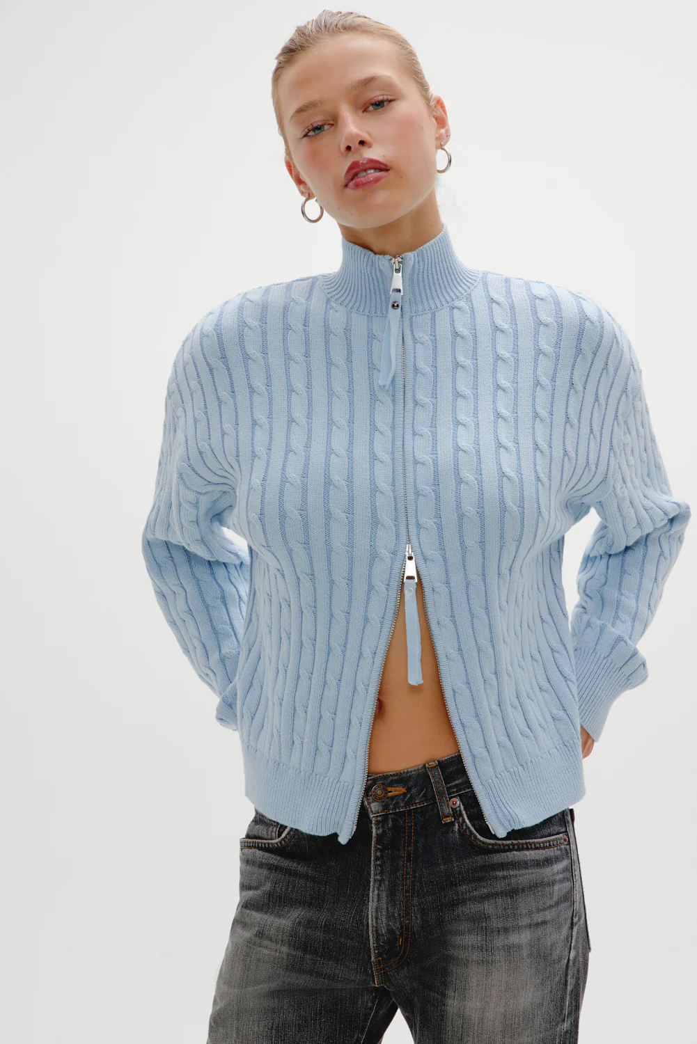 Bea Cable Knit Zip Up Sweater - Daydream