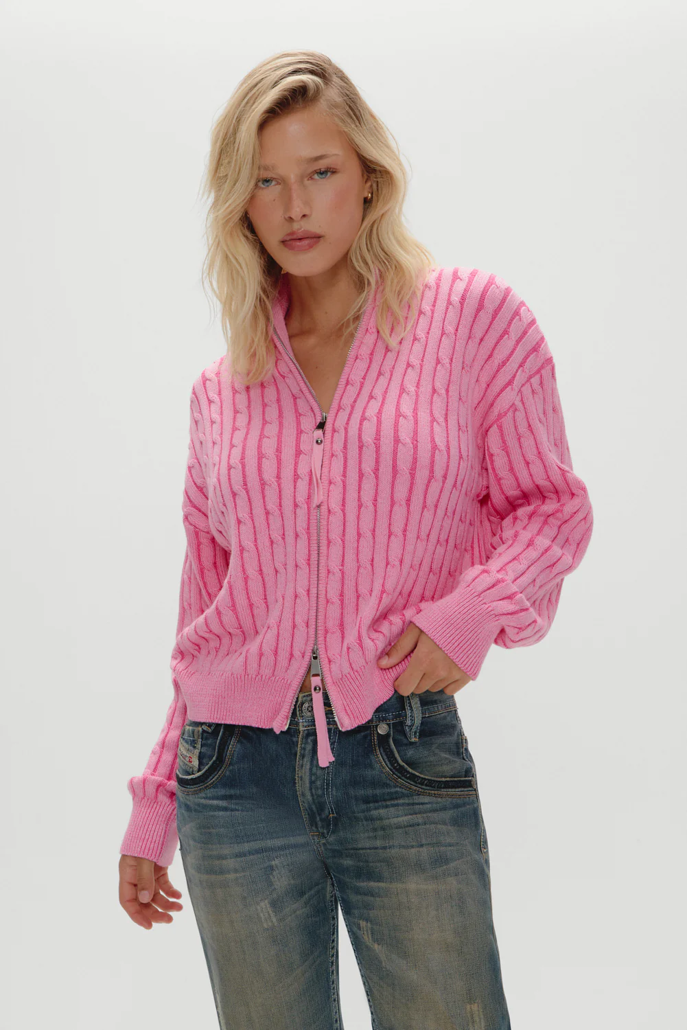 Bea Cable Knit Zip Up Sweater - Sweetheart - Image 2