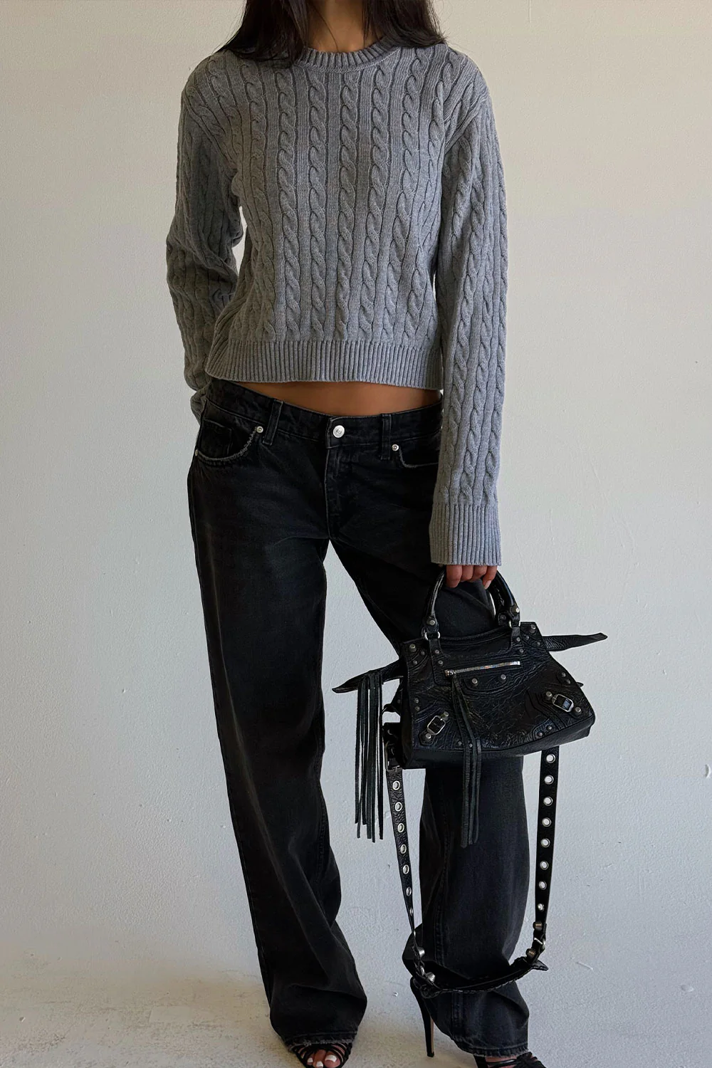 Varsity Cable Knit Sweater - Rain Cloud