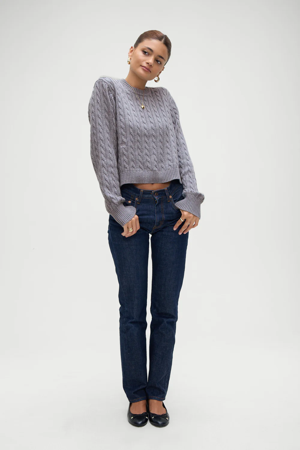 Varsity Cable Knit Sweater - Rain Cloud - Image 2