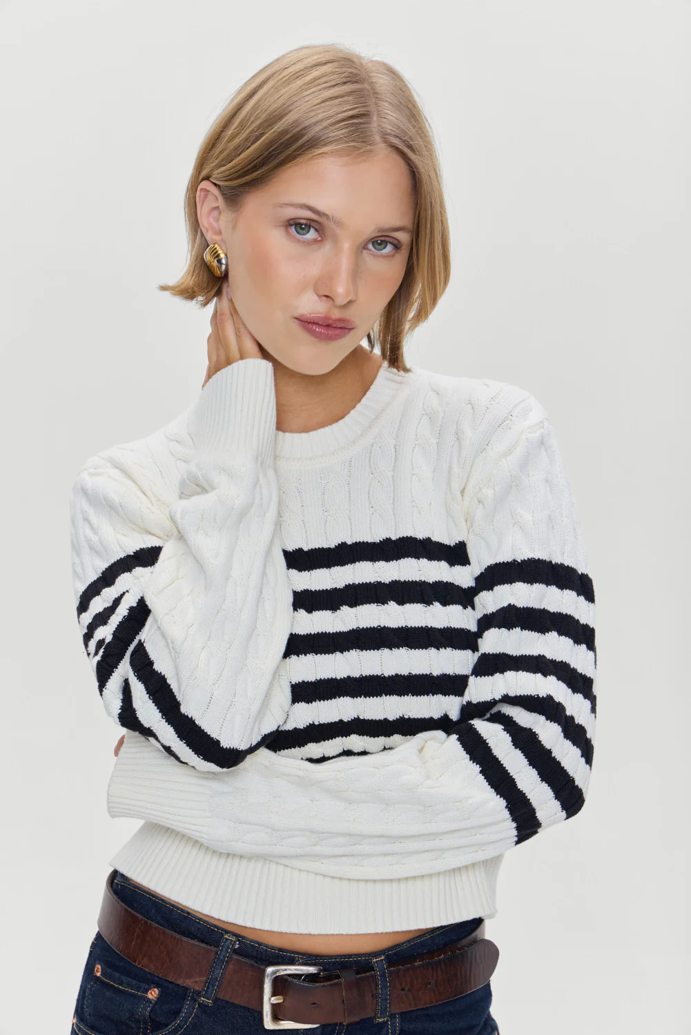 Varsity Striped Cable Knit Sweater - Ivory - Image 4