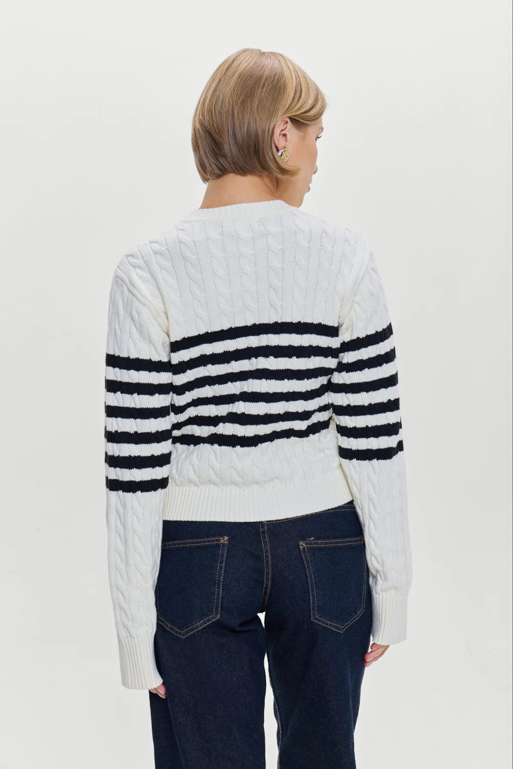 Varsity Striped Cable Knit Sweater - Ivory - Image 5