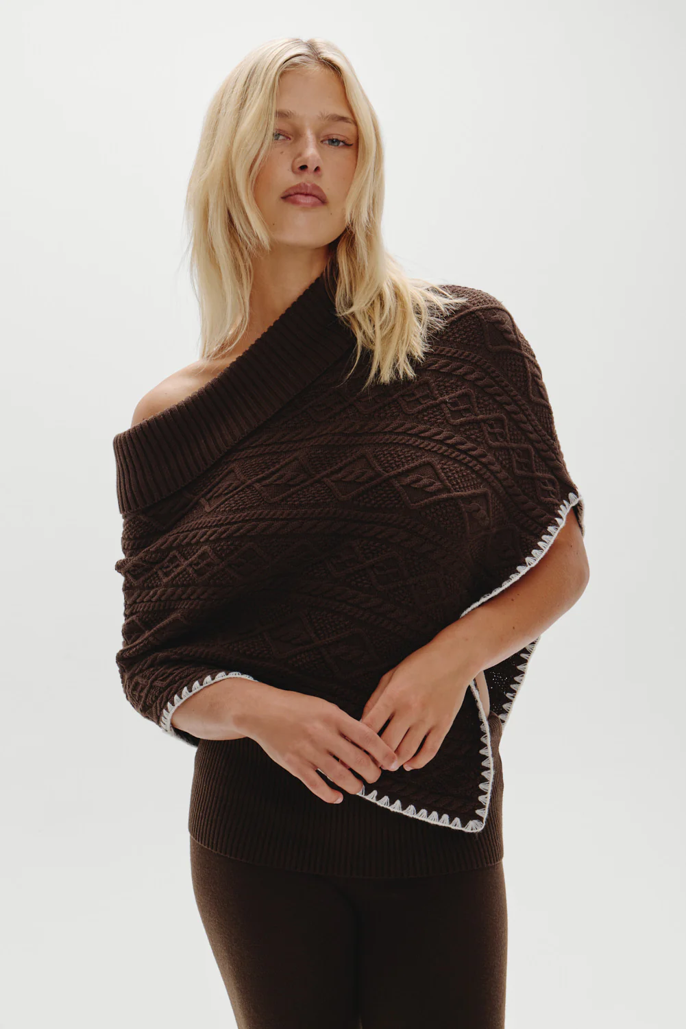 Windswept Cotton Knit Poncho - Chocolate Brown - Image 2